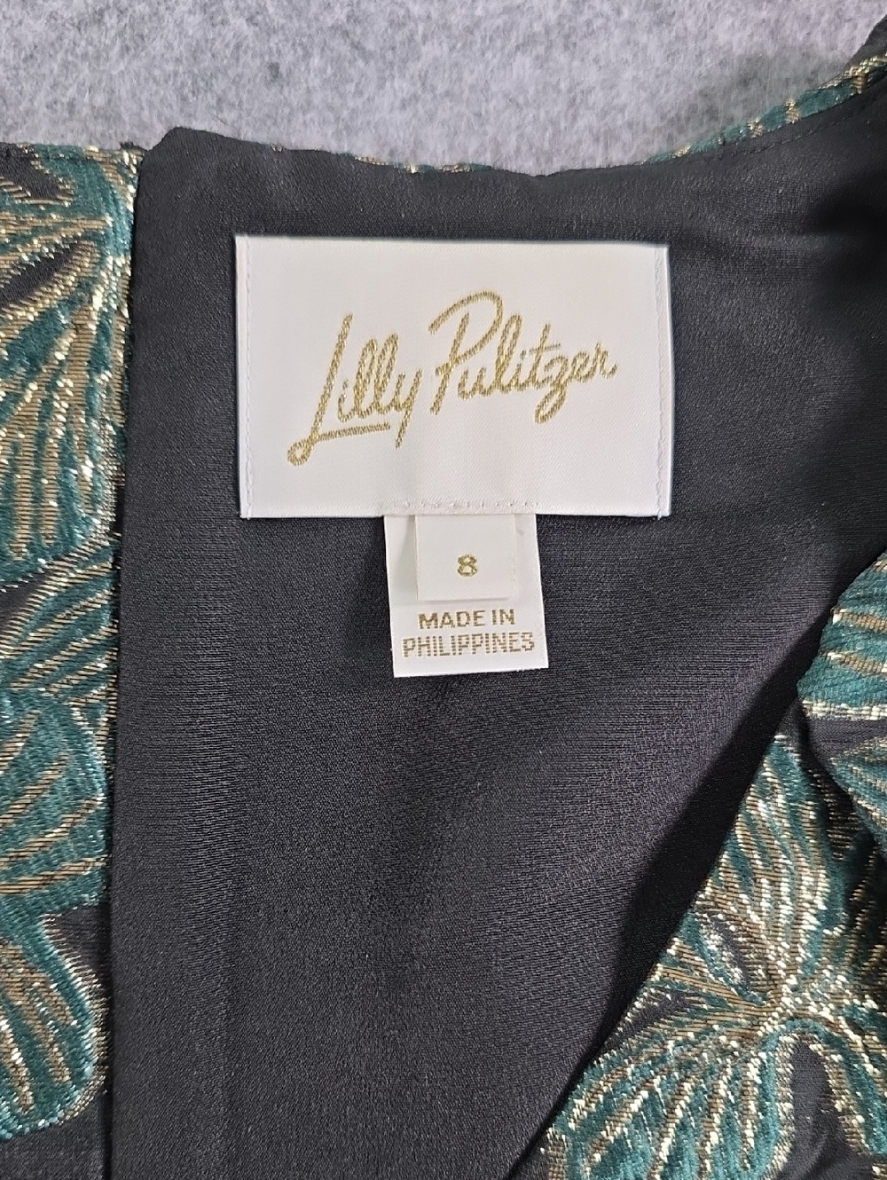 Lilly Pulitzer Black & Green Floral Metallic Cocktail Dress SIZE 8 - Picture 2 of 10